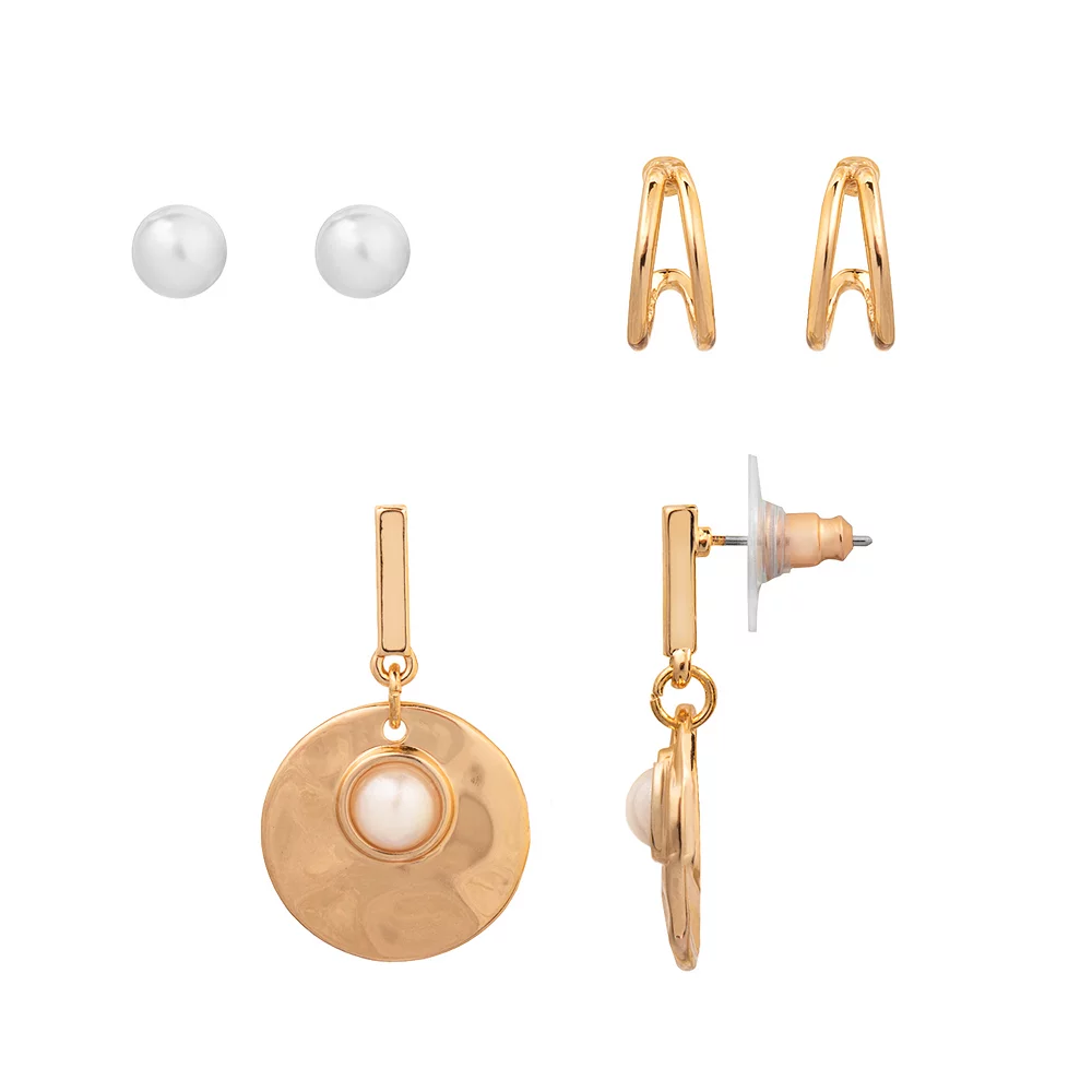 Sonoma Goods For Life® Gold Tone Simulated Pearl 3-Pack Stud & Hoop Earrings Set 3 Sonoma Goods For Life® Gold Tone Simulated Pearl 3-Pack Stud & Hoop Earrings Set